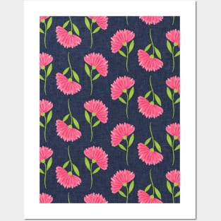 Pink Watercolor Calendula Flowers With Denim Navy Chambray Background Posters and Art